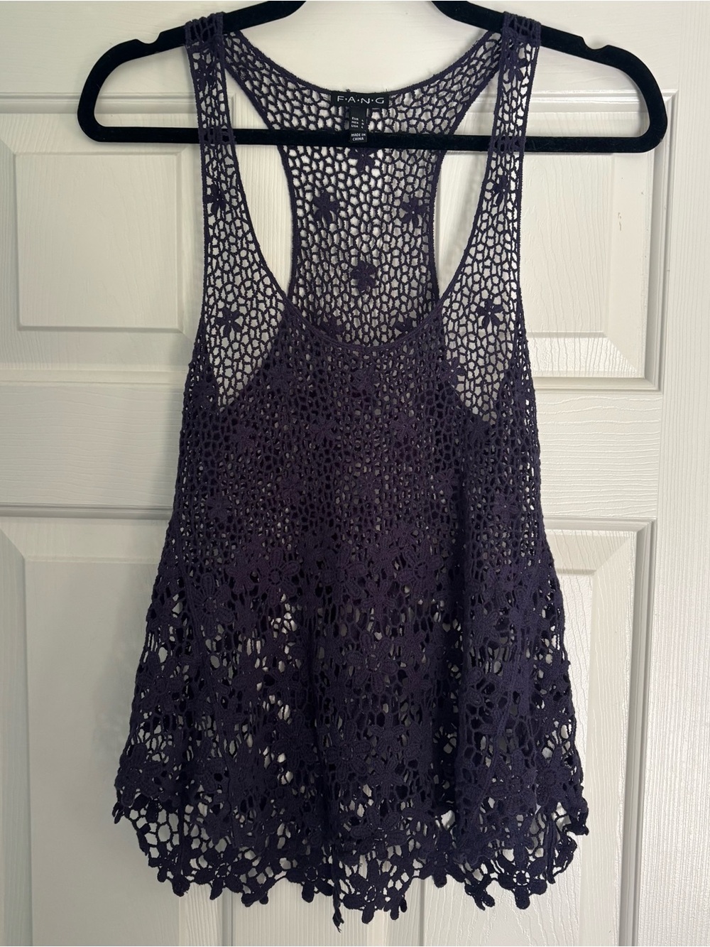 Women's Y2K Navy Blue Crochet Knit Racerback Tank Top Dolled-Up By F.A.N.G Sz L